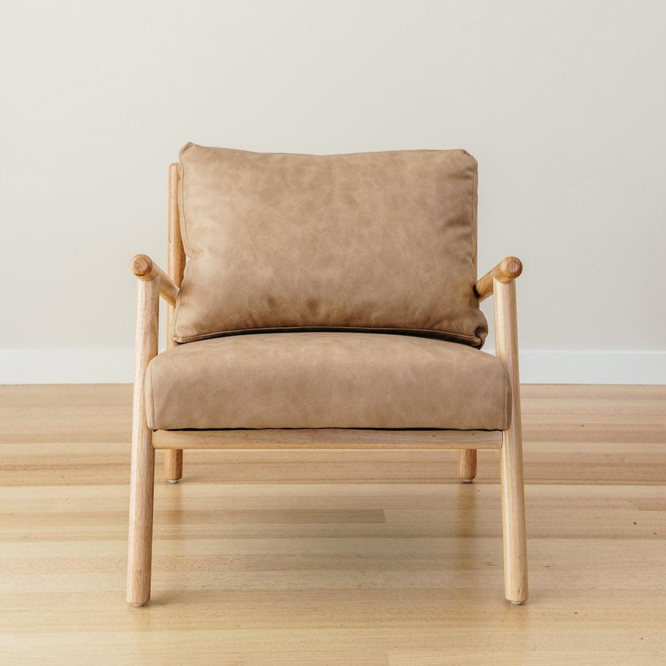 Taupe vegan leather wooden armchair with high backrest and padded seat