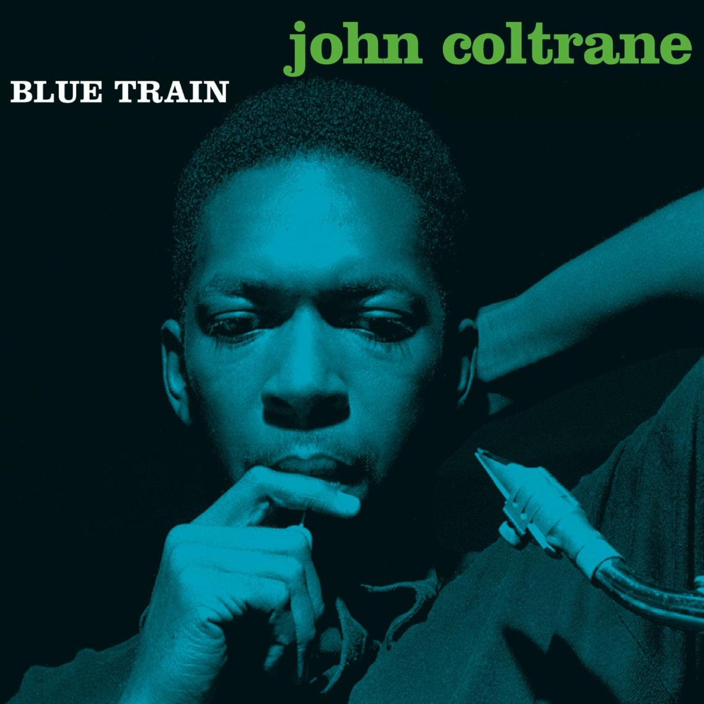 John Coltrane Blue Train vinyl album cover with portrait and title text