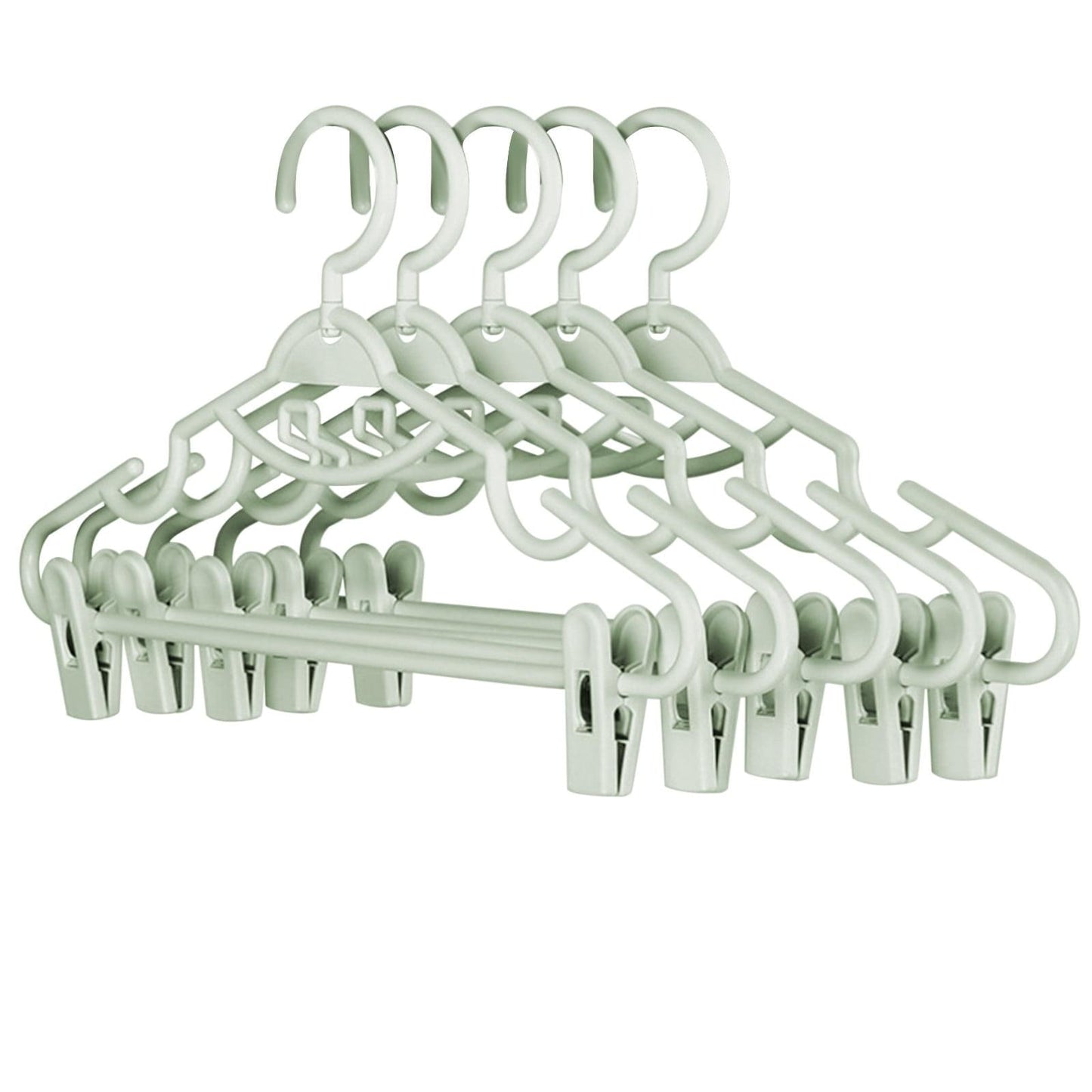 Green plastic pants hanger set with clips and curved hooks, space-saving design