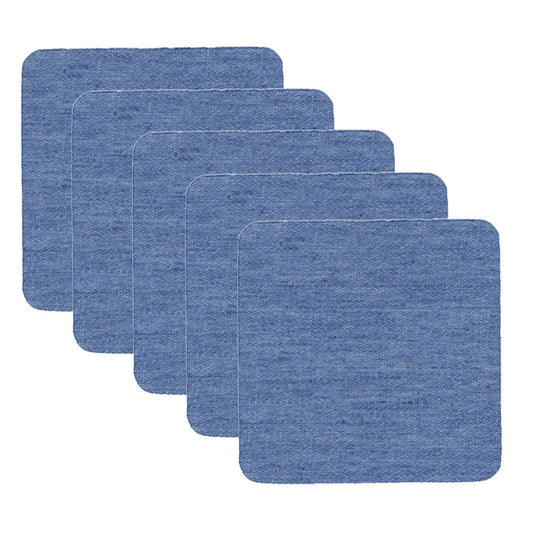 Set of five square blue denim iron-on patches, layered stacked view