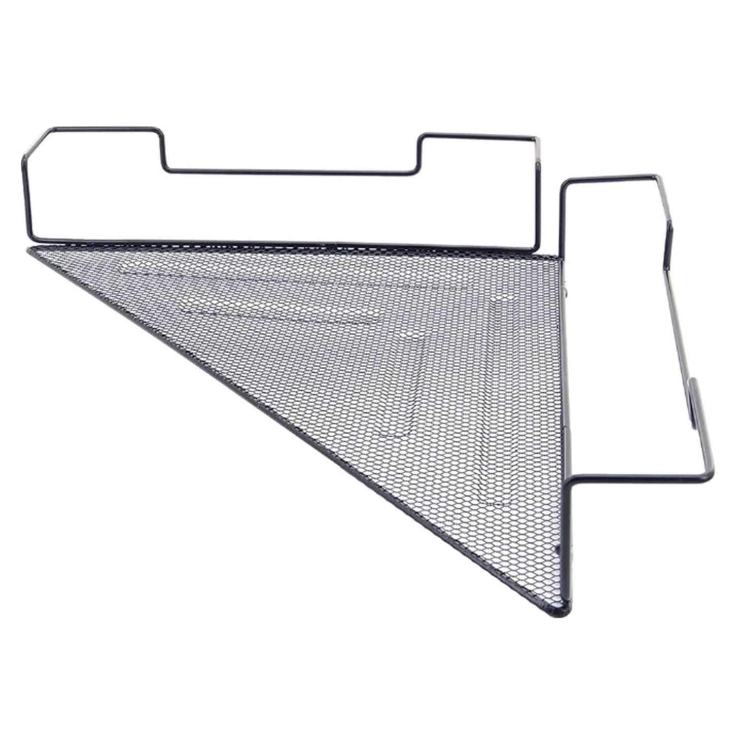 Black wire corner hanging shelf with mesh surface and angled triangular shape