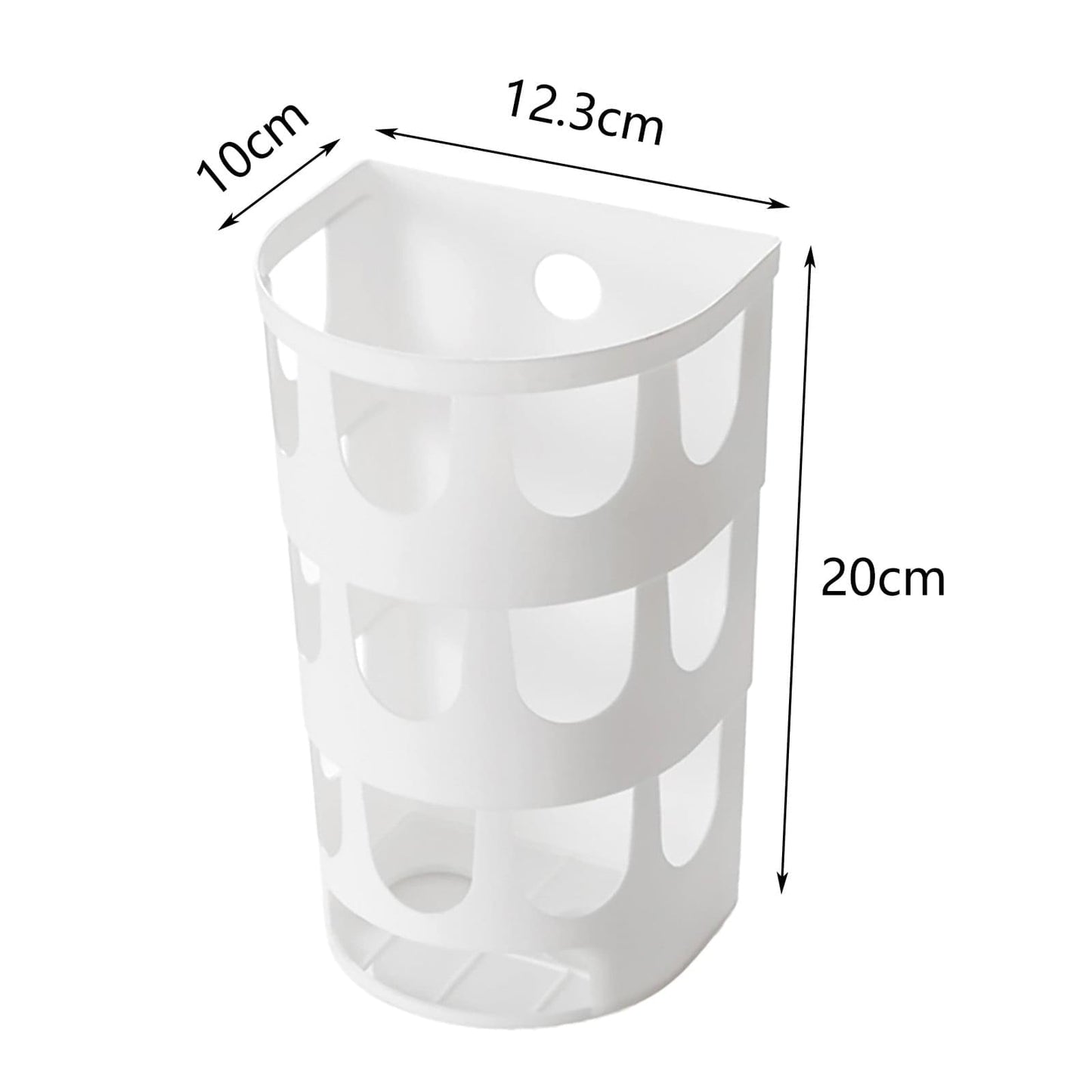 White plastic bag holder rack, 12.3cm wide, 10cm deep, 20cm tall