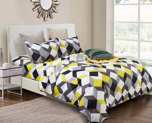Super king duvet quilt cover set with white, black, and yellow geometric cube pattern