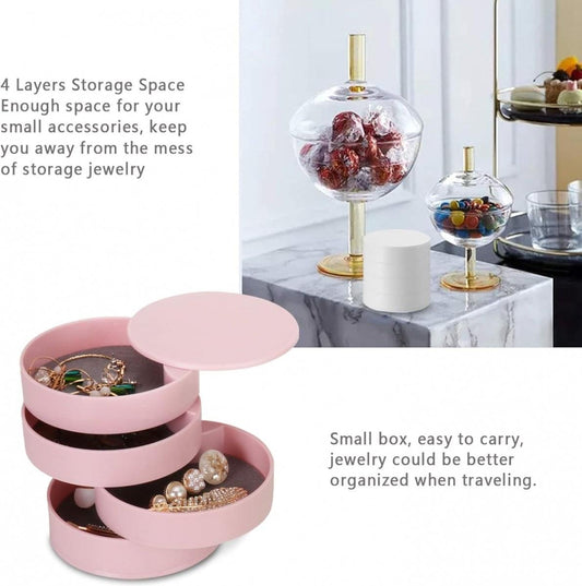 Pink round 4-tier jewelry organizer box with open hinged lid and velvet-lined tiers