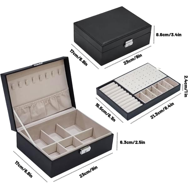 Black PU leather jewelry box with lift-top lid, inner compartments and drawer, size diagram