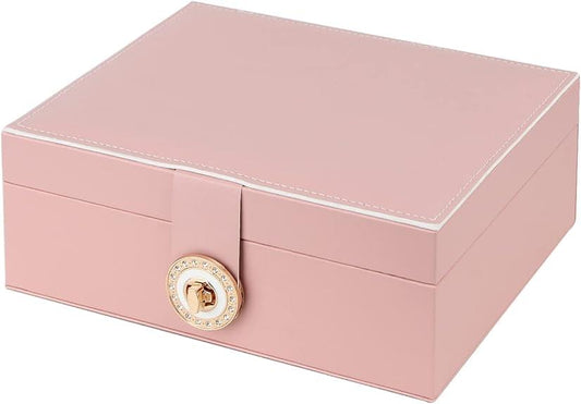 Pink PU leather jewelry storage box with hinged lid and gold-tone lock clasp