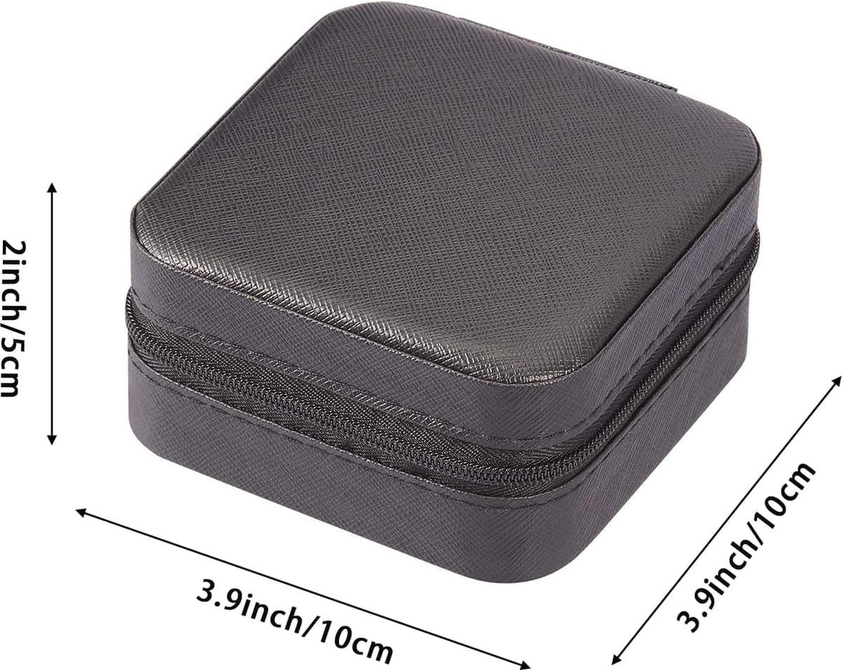 Small dark gray zip jewelry box with textured fabric cover and rounded top