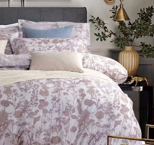 Floral duvet cover with mauve tree-and-bird pattern and matching sham(s)