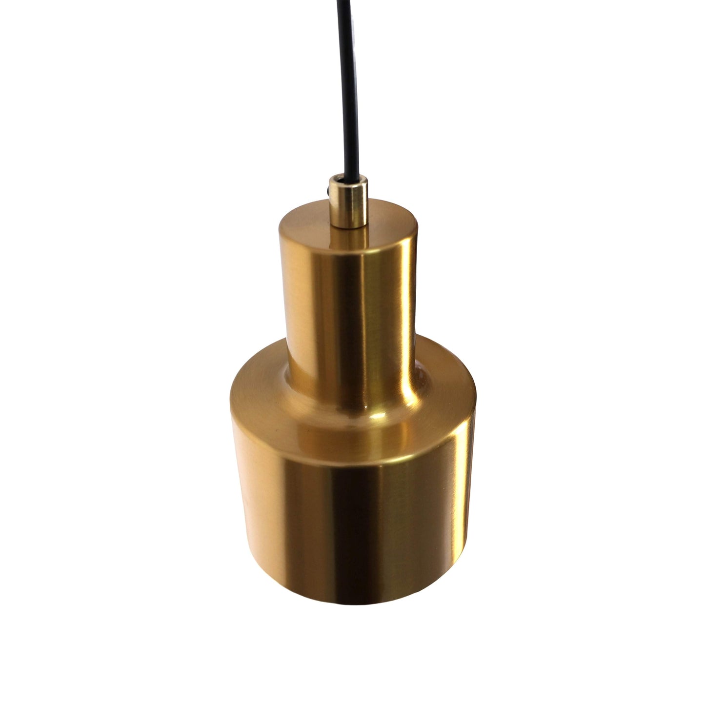 Gold metal pendant light with curved cylindrical shade and black cord