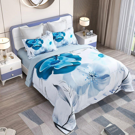 King-size floral quilt cover set on bed with blue blossoms on white fabric