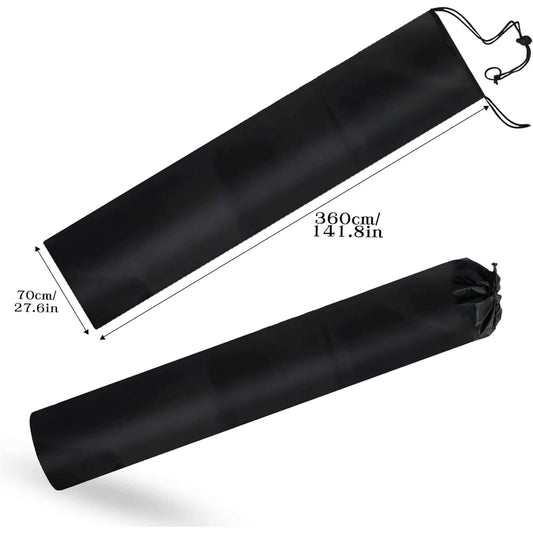 Black rug storage bag with drawstring top and two buckle straps, 28x142 in