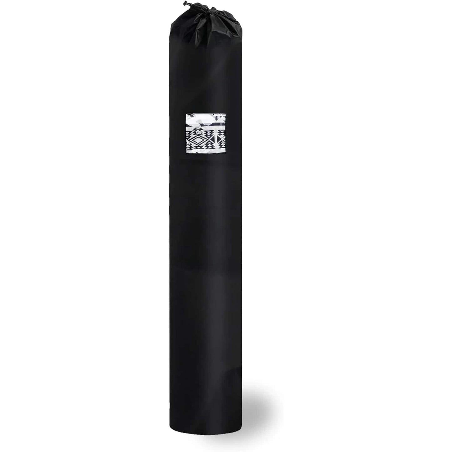 Tall black rug storage bag with top drawstring and clear PVC window