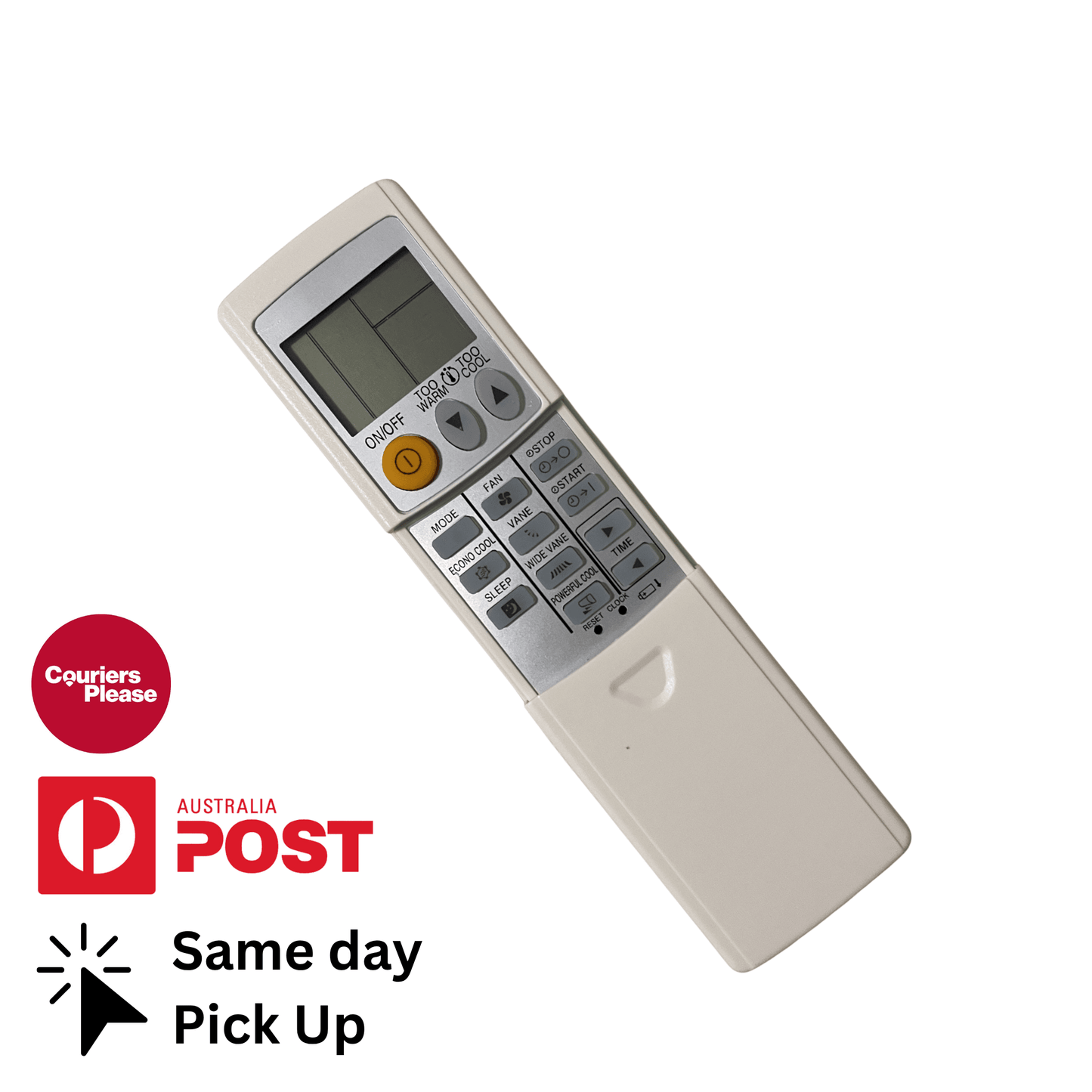 Air conditioner remote control with LCD screen and button keypad, light beige