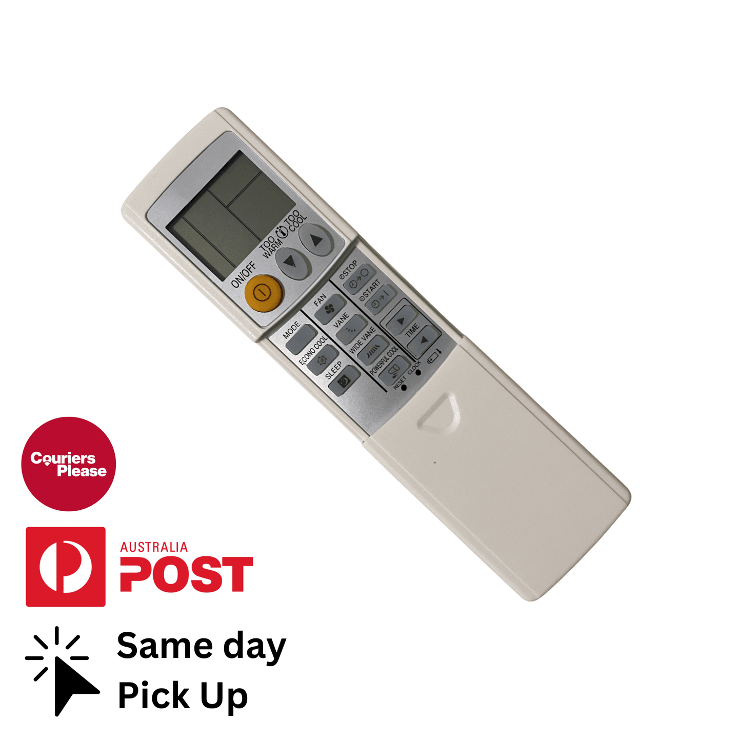 Light-colored air conditioner replacement remote with LCD screen and function buttons