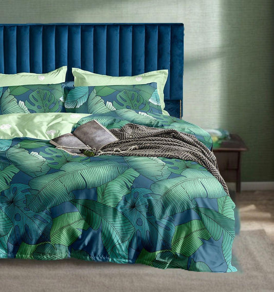 Leaf quilt cover with pillowcases, teal green and blue botanical print