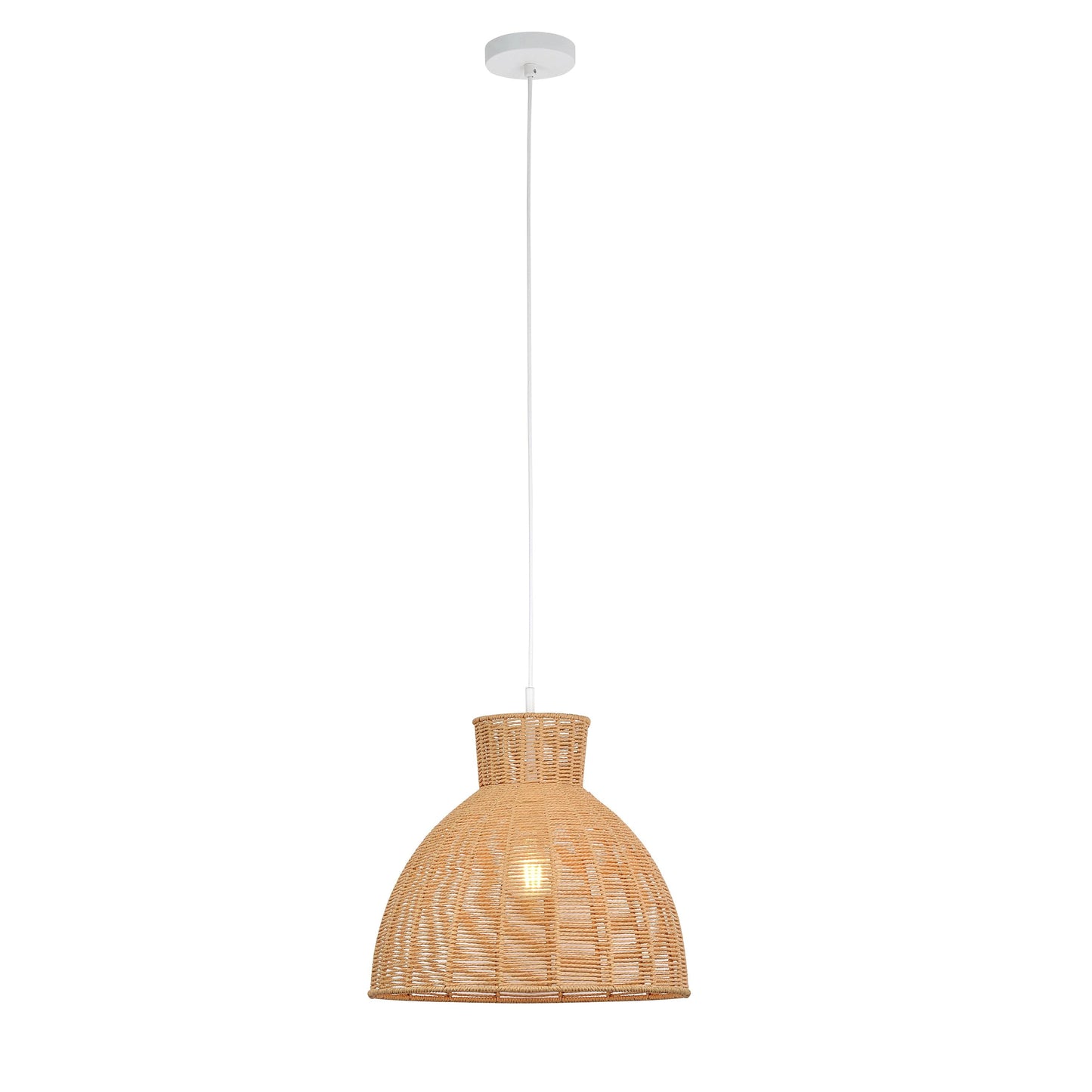 Natural rope pendant light with small woven dome shade on white cord