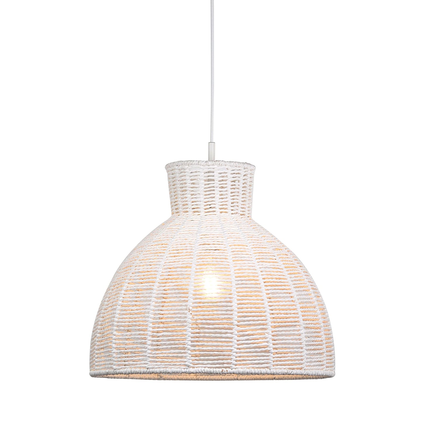 White rope pendant light with warm glow visible through ribbed woven dome shade