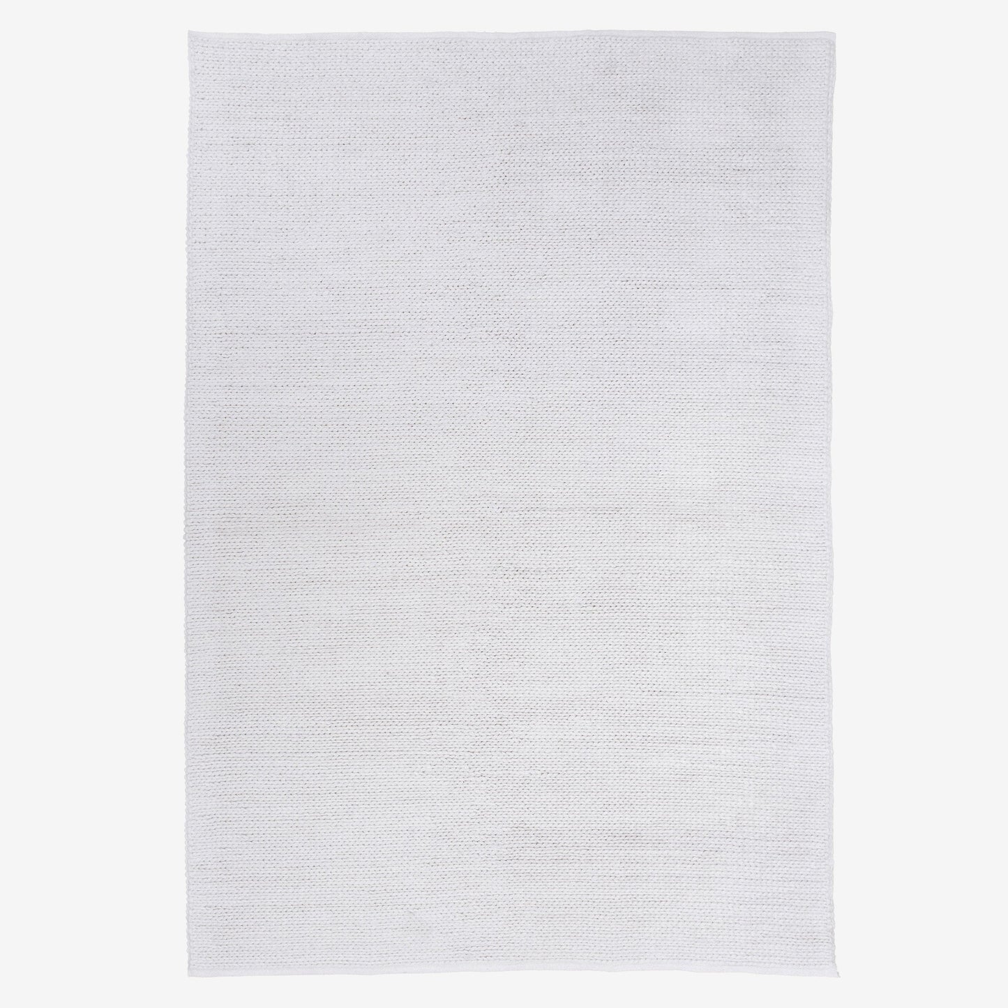 Rectangular white handwoven floor rug with clean stitched border