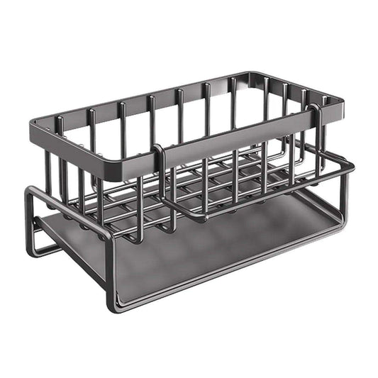 Steel sink drying rack with vertical utensil slots and lower drip tray