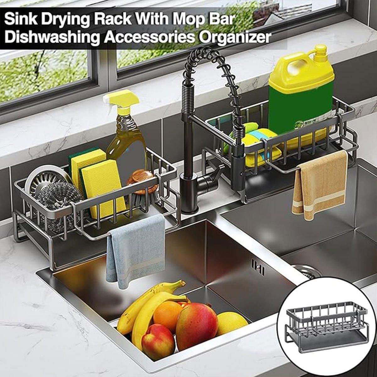 Steel sink drying rack with utensil organizer bar and side shelf for soap