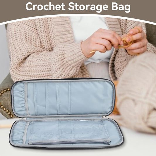 Light blue lined needle case with zipper, open near yarn and hands