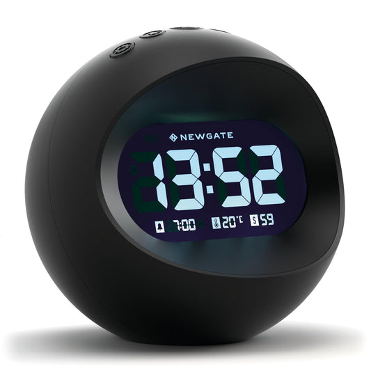 Black LCD alarm clock with glowing display 13:56