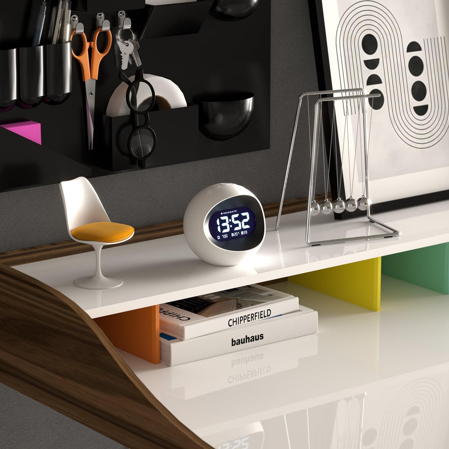 White round LCD alarm clock on shelf, blue digits showing 13:52