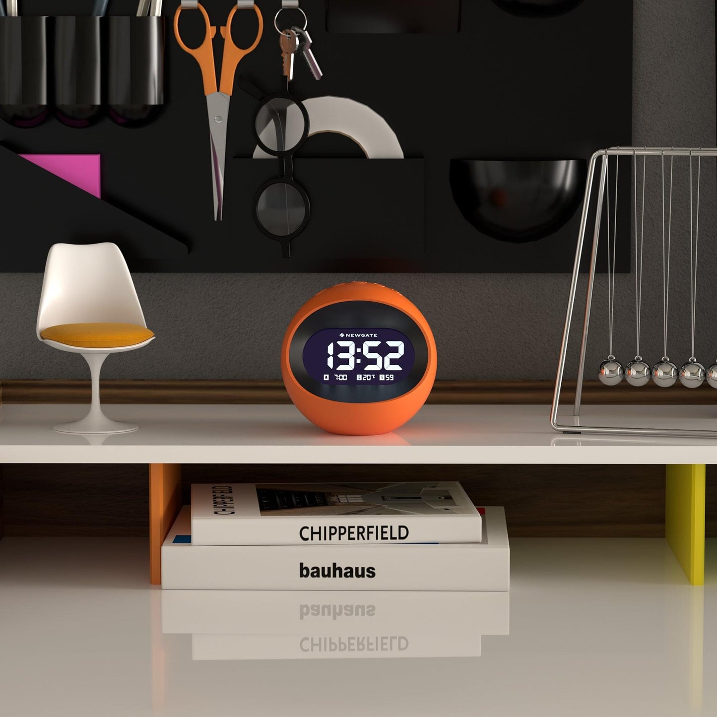 Pumpkin orange LCD alarm clock on a shelf with time readout