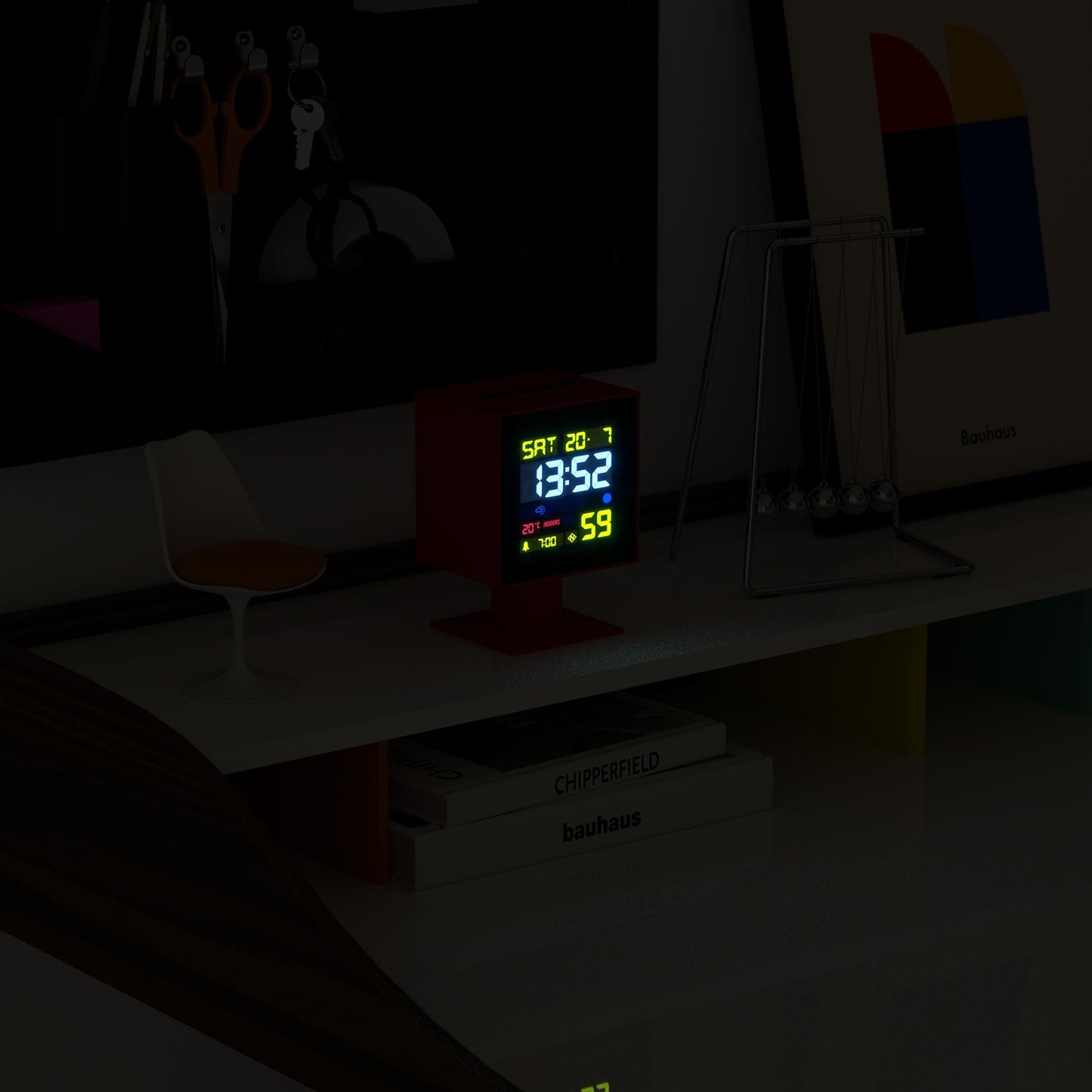 Red LCD alarm clock with glowing digital display on a flat pedestal base.