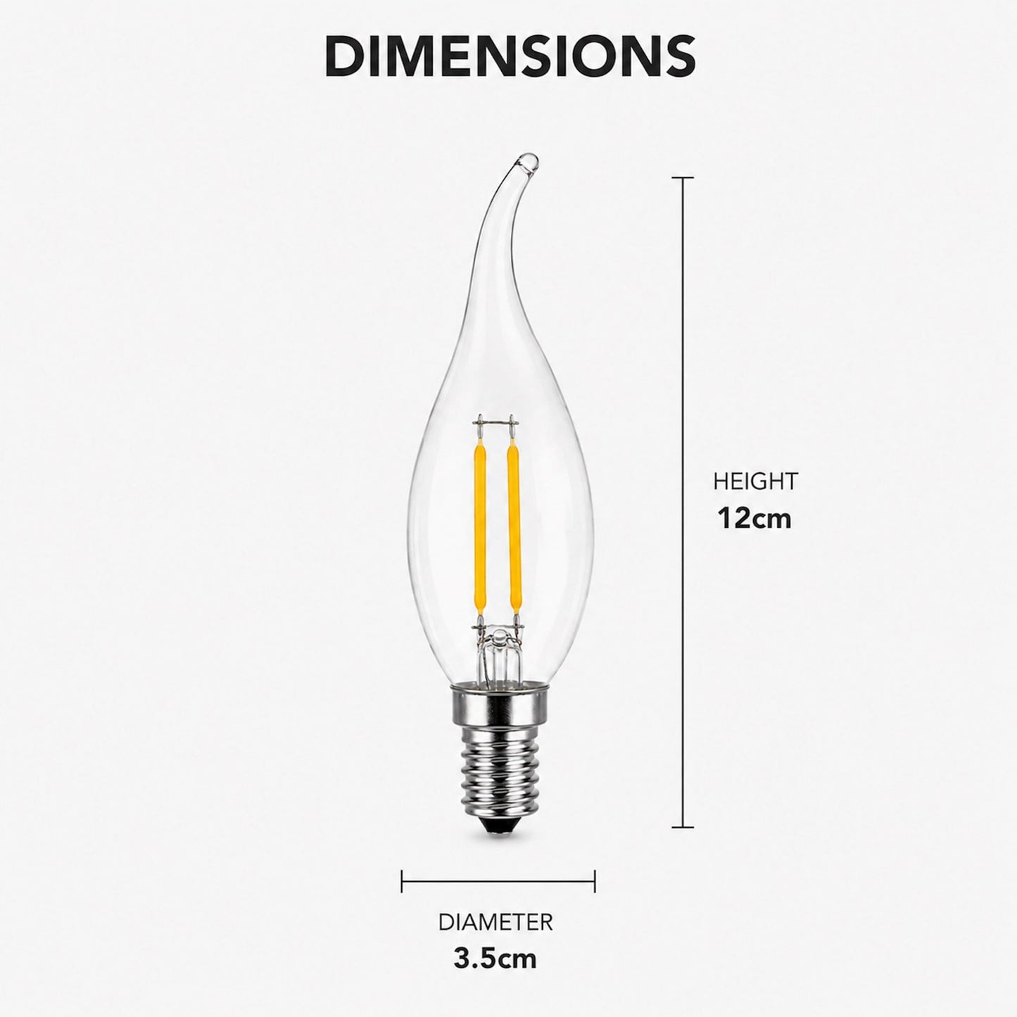 Flame-tip LED bulb dimensions: 12cm height, 3.5cm diameter, E14 base