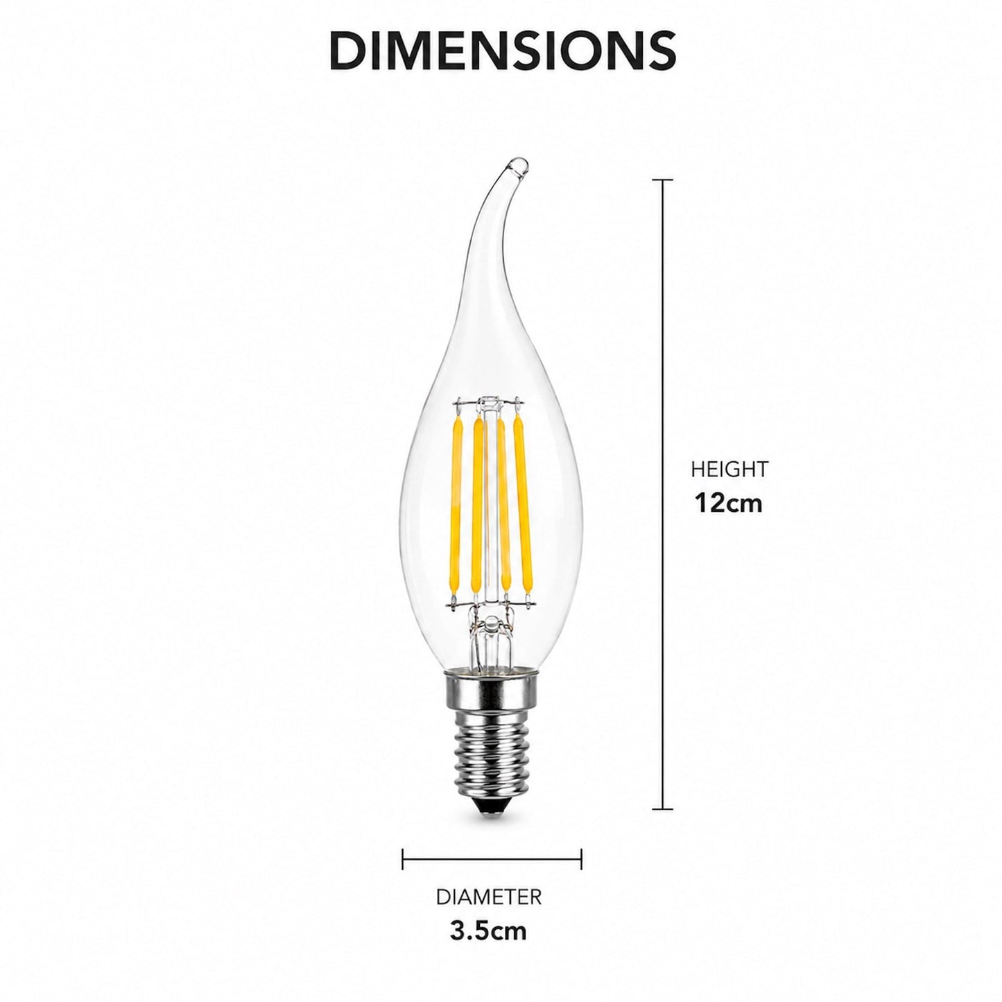 E14 flame-tip LED bulb size: 12cm height, 3.5cm diameter; warm white filaments