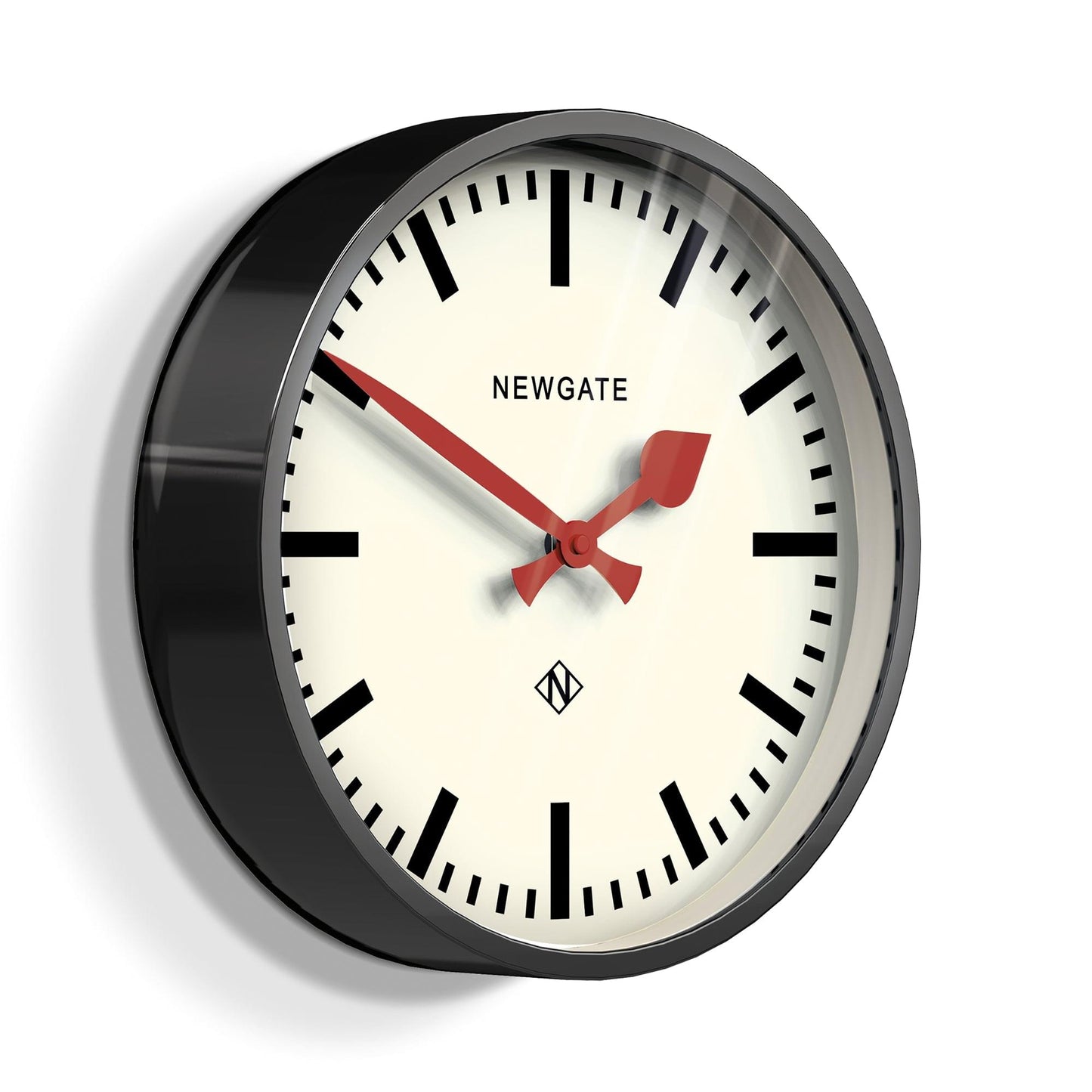 Newgate black analog wall clock with red second hand and white dial, round bezel