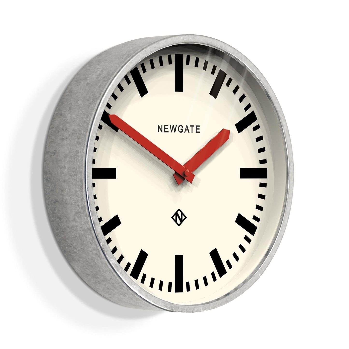 Wall clock with white dial, black hour markers, and red hands; round grey case