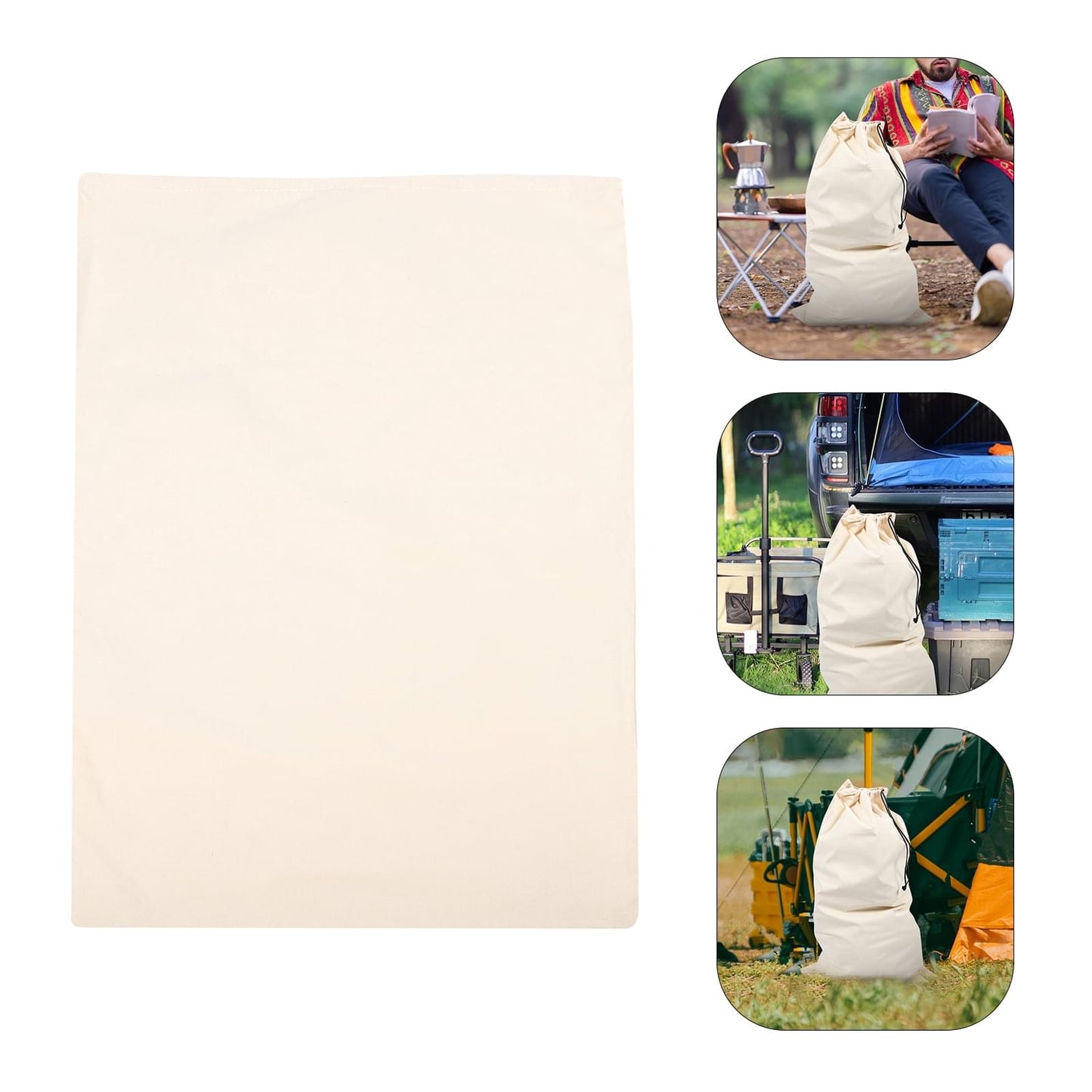 Beige canvas drawstring camping bag, cinch top and smooth canvas.