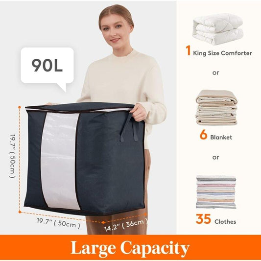 Large clothes storage bag with clear window and zipper, reinforced handle, dark fabric