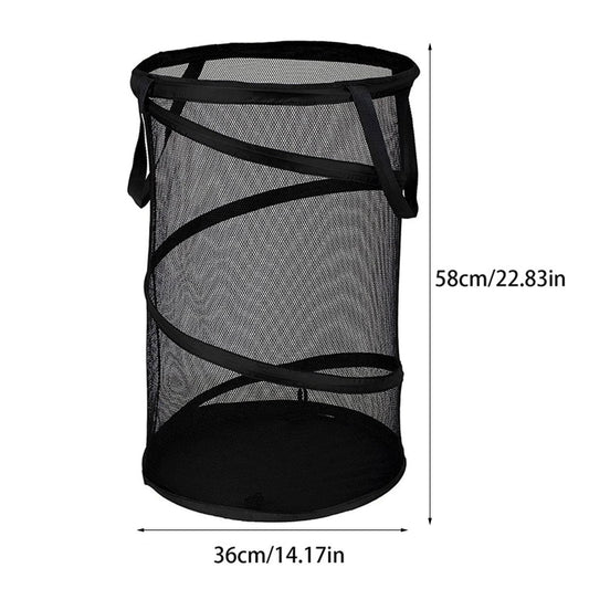 Collapsible black mesh laundry hamper with handles, 58cm tall and 36cm wide
