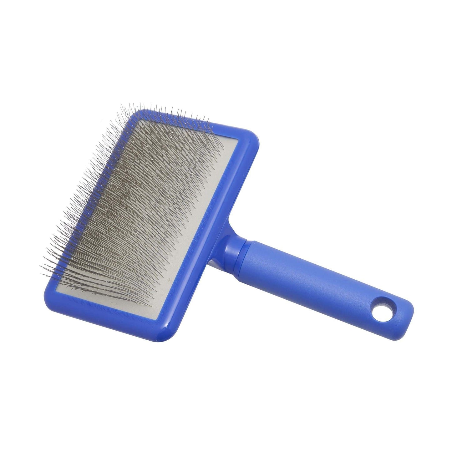 Blue dog slicker brush with long pins on rectangular pad and blue grip handle