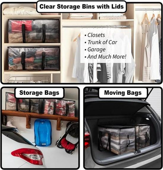 Clear storage bags with black handles and straps for closet or trunk