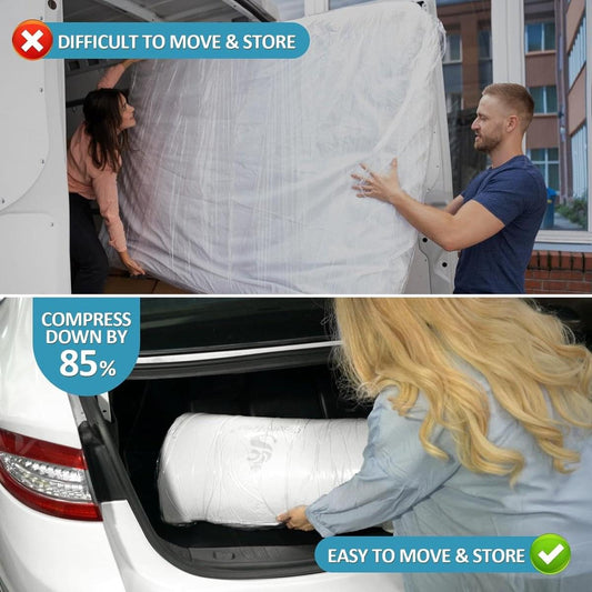 Large transparent vacuum storage bag with zipper on a bed, sealed for moving