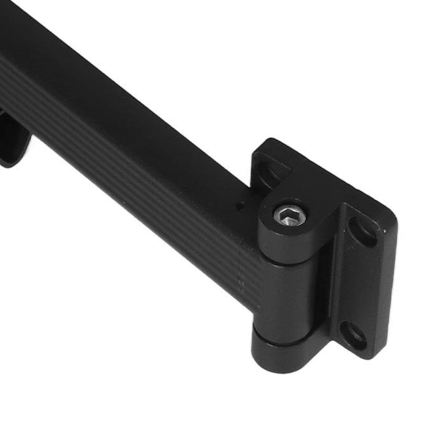 Black wall-mount bracket for retractable drying rack, close-up end hinge