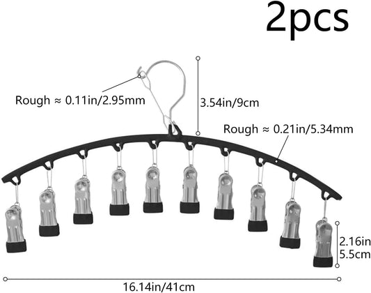 2-pack legging organizer hangers with arched metal bar and clip hooks (size diagram)