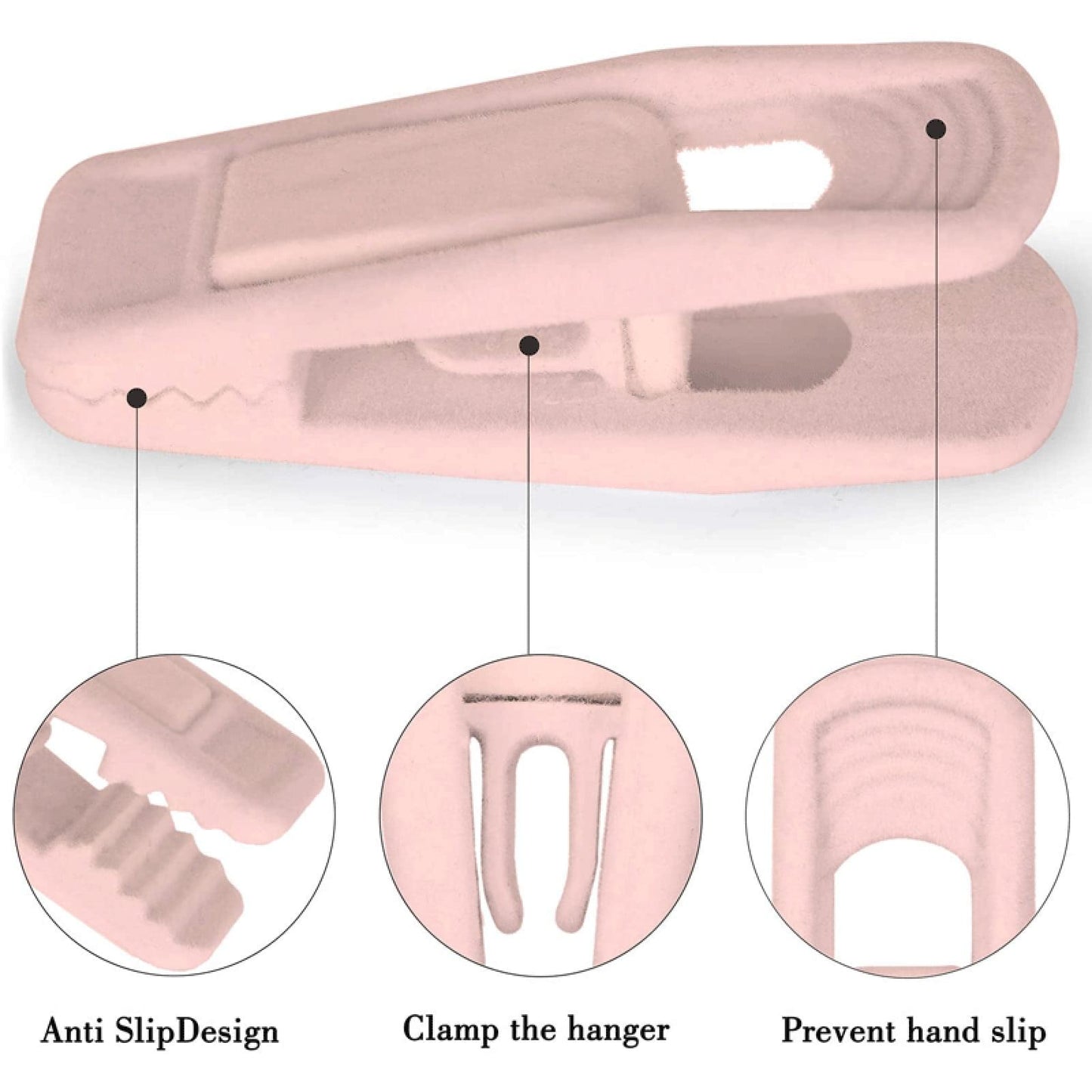 Light pink velvet hanger with smooth anti-slip grip and hand-clamp opening