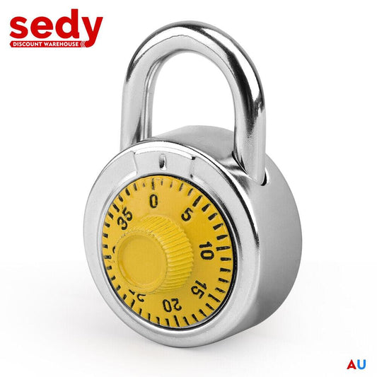 Silver padlock with yellow 3-digit combination dial and polished chrome shackle