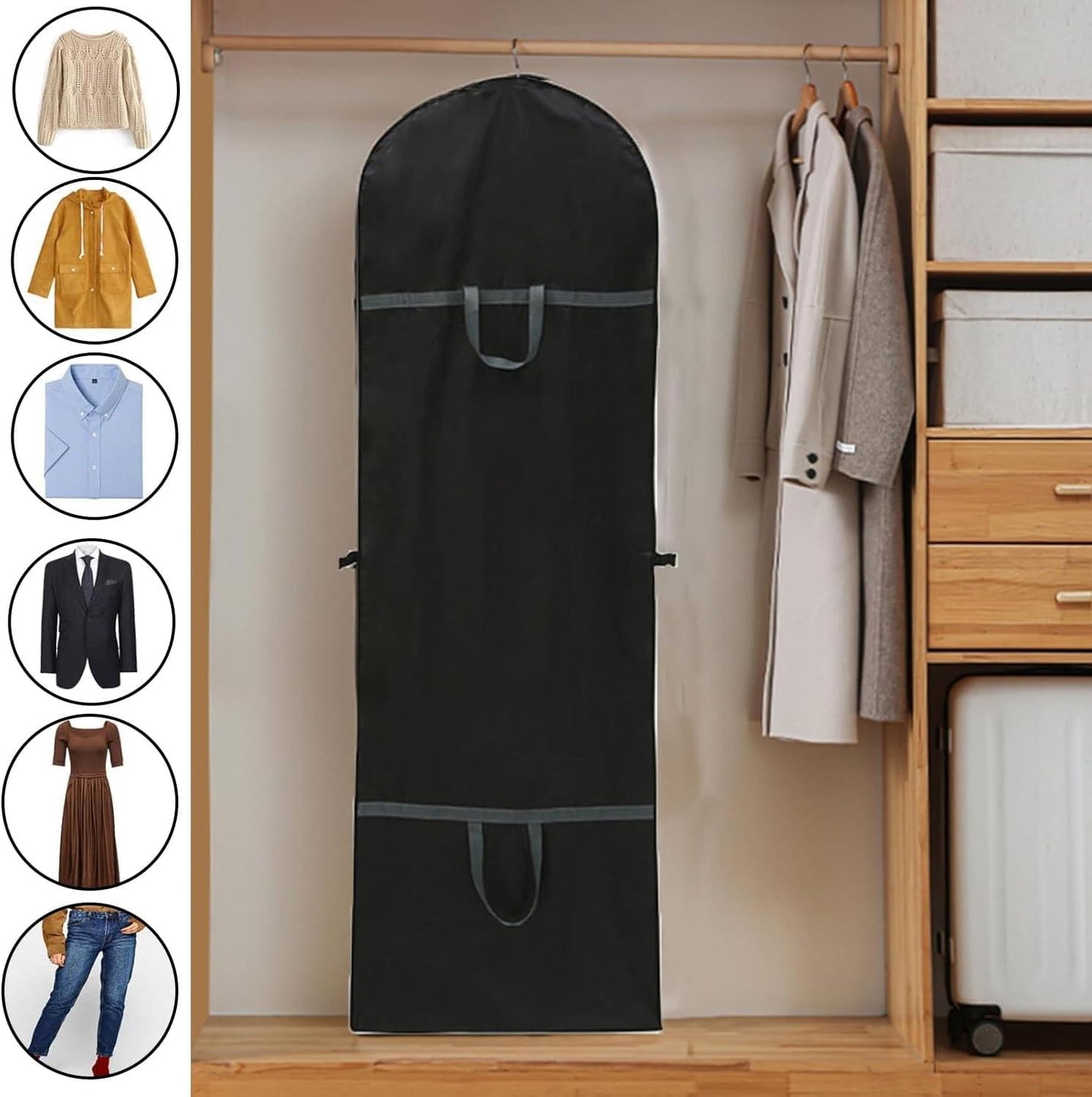 Black long garment bag with top handle and clear window, hanging upright