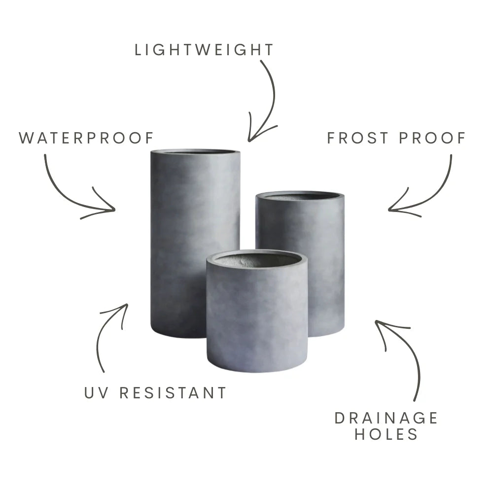 Three dark grey cylindrical planters: lightweight, waterproof, frostproof, UV resistant, drainage holes.