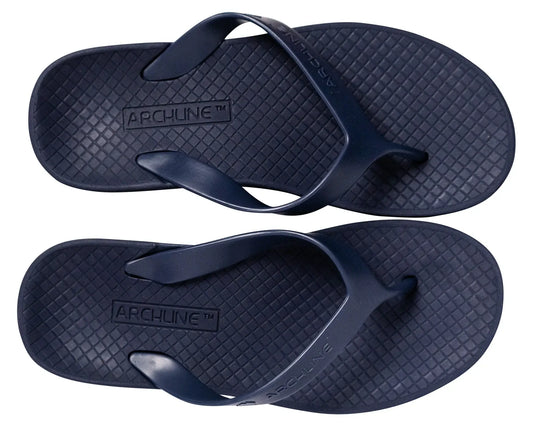 Archline kids orthotic thongs, navy textured footbed and logo straps