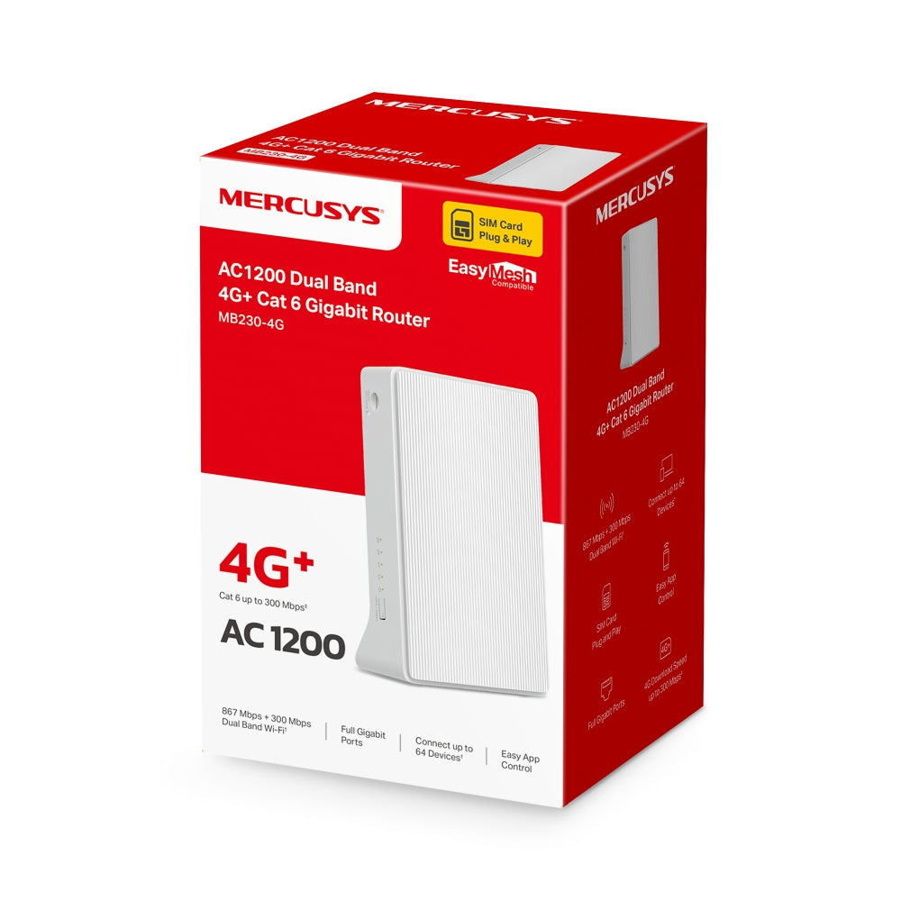 MB230-4G | 4G+ Cat6 AC1200 Dual Band Gigabit Wireless Router with SIM Slot | Up to 300 Mbps LTE | 64 Devices | WPA3 | MERCUSYS