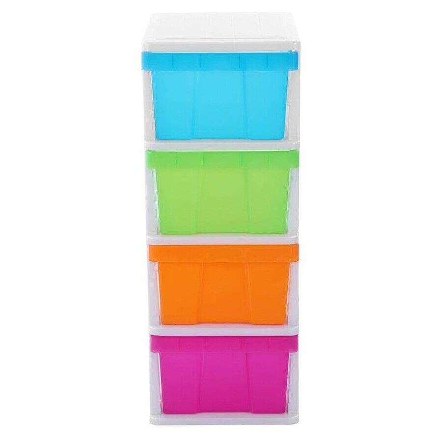 4-tier plastic drawer storage unit with blue, green, orange and magenta front drawers