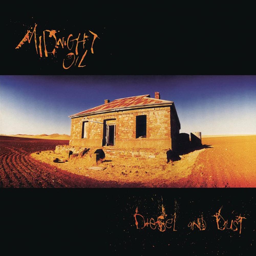 Midnight Oil vinyl album cover with desert house and orange title text