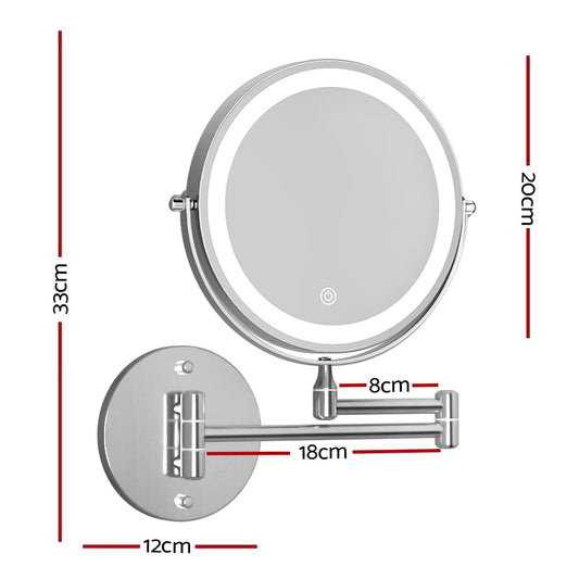 LED round makeup mirror with extendable arm, shown with size measurement diagram